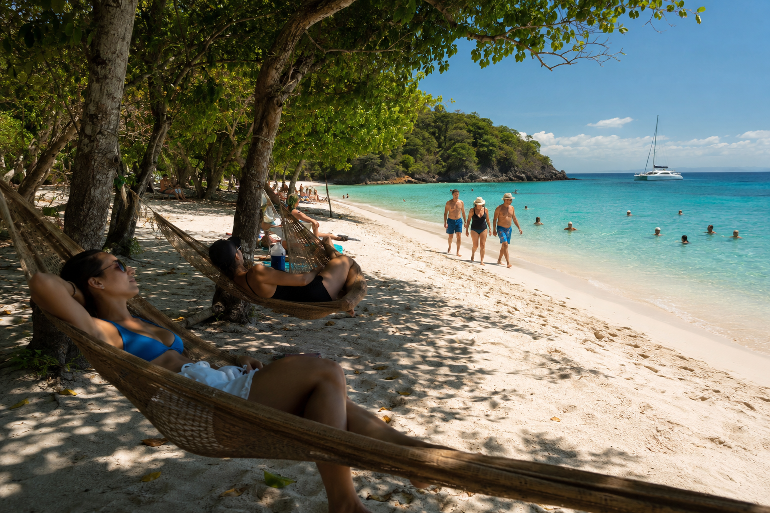 Guests relaxing on the beach at Tortuga Island