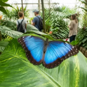 Blue morpho butterfly in a tropical Monteverde Butterfly Garden