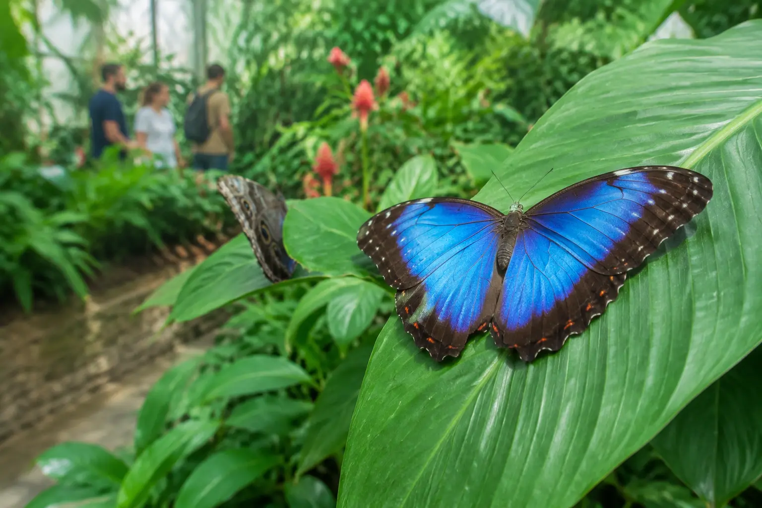 Blue morpho butterfly inside Selvatura Park Butterfly Garden