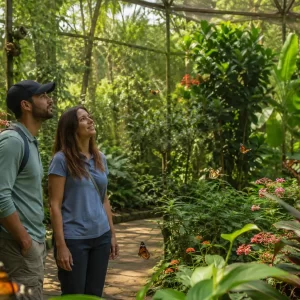 Visitors exploring a tropical Butterfly Garden in Monteverde