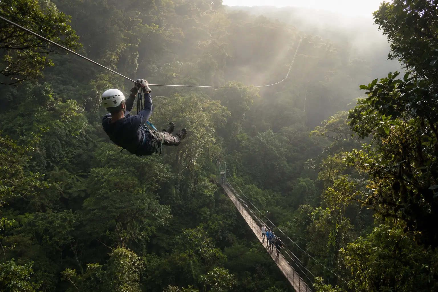Traveler ziplining through Monteverde cloud forest