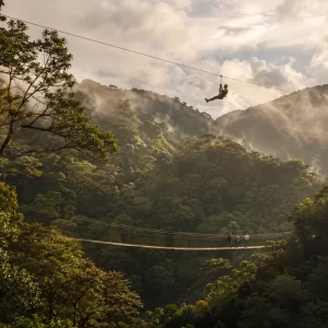 Wide view of ziplining and hanging bridges above Monteverde cloud forest