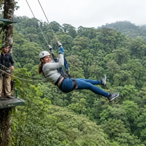 Traveler ziplining above Monteverde cloud forest on Selvatura Park Gold Pack